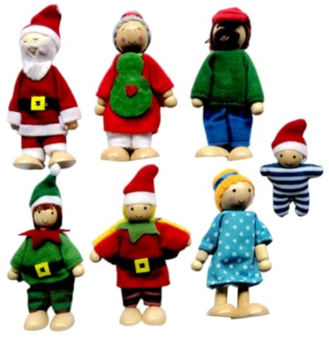 Comebachome Christmas Doll House Family 7Pcs/Set Wooden Movable Joint Dollhouse People Interactive Parent-child Doll House Family Figures for Pretend Play Decorating, Home Decor