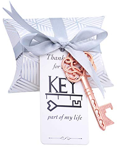 Makhry 50 Stücke Vintage Schlüssel-Flaschenöffner Hochzeit Schlüssel Skelett Schlüssel Flaschenöffner Hochzeitsgastgeschenke Set mit Kissenboxen und Etikett(Roségold) | Skelett Schlüssel Flaschenöffner Set mit Kissenboxen und Etikett als Gastgeschenk für Hochzeit, Party und Souvenir