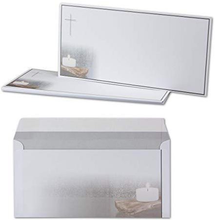Juego de 25 tarjetas de condolencia con sobre, DIN largo, diseño de velas en madera antigua, tarjetas de agradecimiento de luto sin ventana, tarjeta de pésame digna