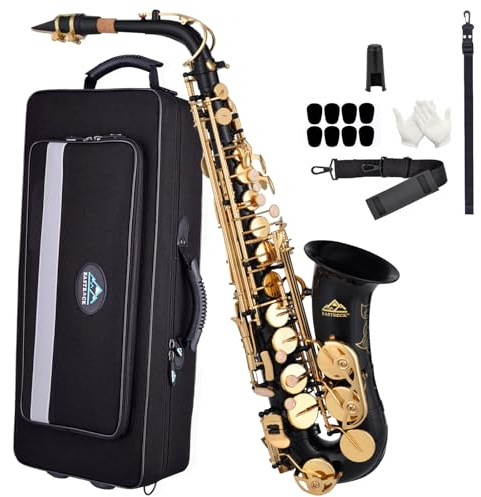 EASTROCK Saxophone Alto Plat en Laiton Laqué Doré, Mi Bémol, Noir, Étui Rigide Inclus