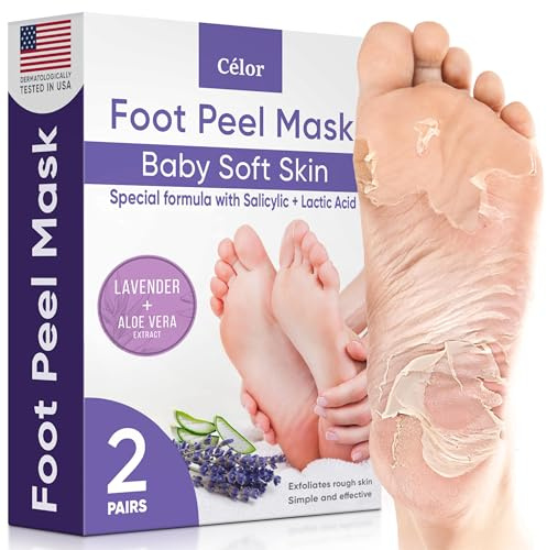 CÉLOR Foot Peeling Mask for Dry Cracked Feet | Foot Mask to Exfoliate Rough, Cracked, Dry Feet, Calluses for Soft Baby Feet Results | Made with Aloe Vera Extract for Women & Men (2 Pairs) | Lavender