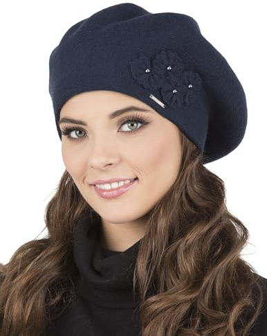 VIVISENCE Baskenmütze Damen Elegant Blume Warm Herbst Winter Accessoire 7006, Dunkelblau,Einheitsgröße