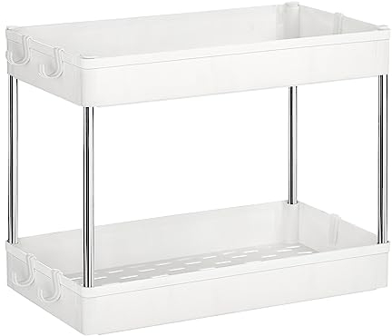 SONGMICS Scaffale Sottolavello, Portaoggetti Sotto Lavandino da Cucina con Ripiani e 6 Ganci, Organizzatore Sotto Lavabo a 2 Livelli, Mobiletto da Bagno, Bianco BUO001W01