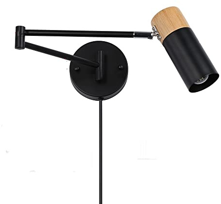Swing Arm Plug in Wall Sconce for Bedroom, Living Room, Nordic Modern Wall Mounted Reading Light Fixture, Rotatable Wood Base Metal Cylinder Shade, Black (NO Bulb)