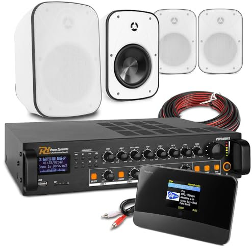 Power Dynamics 4-Zone Wall Mounted Sound System with Multi-Zone Bluetooth Mixer Amplifier, Internet DAB+ Radio Tuner & 4 Weatherproof Outdoor White Speakers
