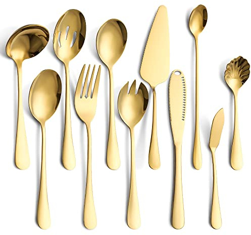 11-teiliges Servierbesteck-Set, Edelstahl-Servierutensilien-Set, inklusive Kuchenheber, Servierlöffel, Buttermesser (Gold)