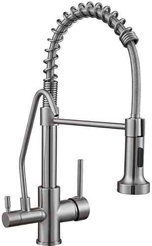 Rubinetto Cucina 3 Vie Miscelatore Cucina Nero con Doccetta Estraibile Rubinetto Tre Vie Cucina Miscelatore 3 Vie Miscelatore Lavello per Acqua Potabile Spazzolato,A