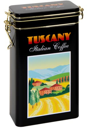 Tuscany Scene - Hermetically Sealed Rectangular Coffee Tin/Caddy/Kitchen Canister - Tuscany Scene- Black/Multi-coloured - 500 g - 19.5 x 12 x 7 cm