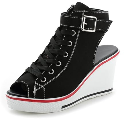 OCHENTA Women's Peep Toe Canvas Wedge Sneaker Heeled Platform Fashion High Top Tennis Shoes Black Label 39 - US 8