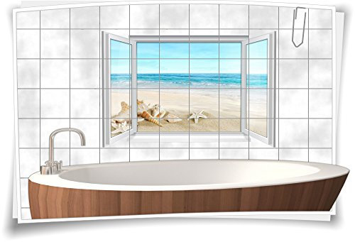 Medianlux Fliesenaufkleber Fliesenbild Fliesen Meer Strand Muscheln Deko Aufkleber Bad WC, 75x50cm, 20x25cm (BxH)