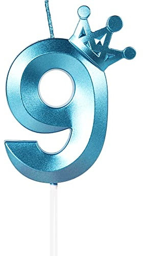 Velas de 1 cumpleaños, vela número 9, Azules Velas,3D Velas Cumpleaños Numeros con Decoración de Corona Grande Decoración para Tartas Velas Numeros para Cumpleaños