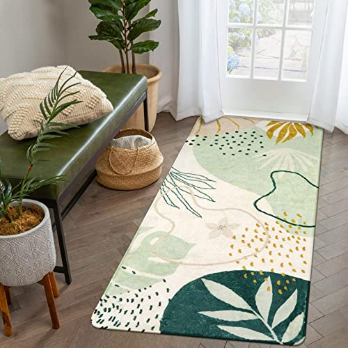KIMODE Grün Pflanze Läufer Flur Teppich 60 x 120cm, Waschbar Moderner Kurzflor Küchenteppich Weich rutschfest Abstrakte Print Teppiche für Küche Schlafzimmer Badezimmer Kinderzimmer