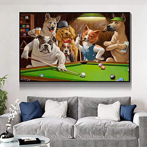 HTWLMM Cartoon-Tier-Hund Der Billard Spielt Leinwand Malerei Kunstdruck Bilder für Wohnzimmer Wandbilder Deko Schlafzimmer Modern Rahmenlos (40X50CM)