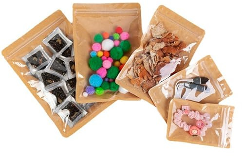 ZAMISS 50 sacchetti di carta kraft con parte anteriore trasparente, marrone, richiudibili, in piedi, con chiusura lampo per conservare alimenti, riutilizzabili, sacchetti di carta kraft