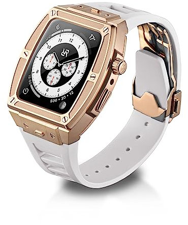 RYUEUYA Boîtier de designer de luxe en acier inoxydable et bracelet en cuir pour Apple Watch Series 9 8 7 6 SE 44/45 mm - Fonctions tactiques et bracelet à changement rapide pour iWatch, 44/45MM,