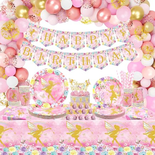 LSJDEER Decoración de fiesta de cumpleaños de hadas, recuerdos de fiesta de hadas, platos, vasos, servilletas, mantel, cartel de feliz cumpleaños, globos, arco, adornos para tartas