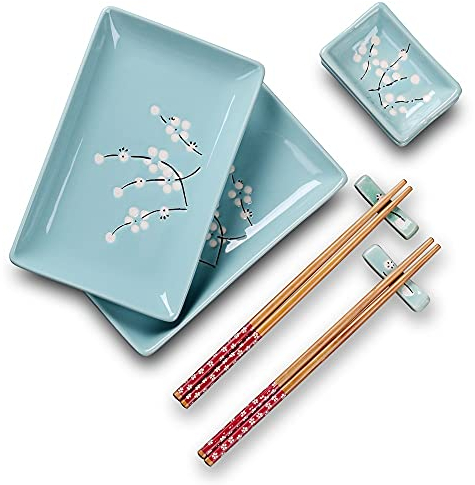 Tableware Set,Japanese Style Blue Porcelain Sushi Plate Set with 2XSushi Plates,Dip Dishes,Stick Stands,Bamboo Chopsticks Gift Package