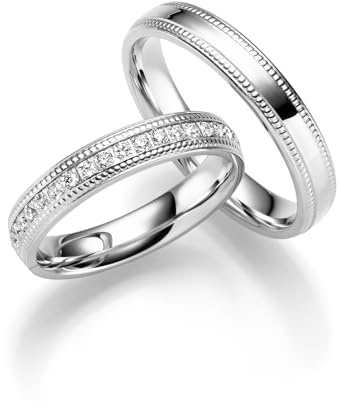 JC Trauringe aus 925 Sterling Silber | Paar-Preis Ehe-Ringe mit kostenfreier Gravur I Partnerringe Verlobungsringe 4 mm breit inkl. Etui-Box I Herren-Ring ohne & Damen-Ring mit Zirkonia-Steinen IT24-S