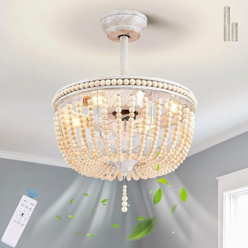 Ventilatore da Soffitto con Illuminazione e Telecomando E27 Plafoniera Ventilatore Silenzioso Lampadario di perline di legno industrial Vintage Lampada de Soffitto per Camera da Letto Soggiorno Luci