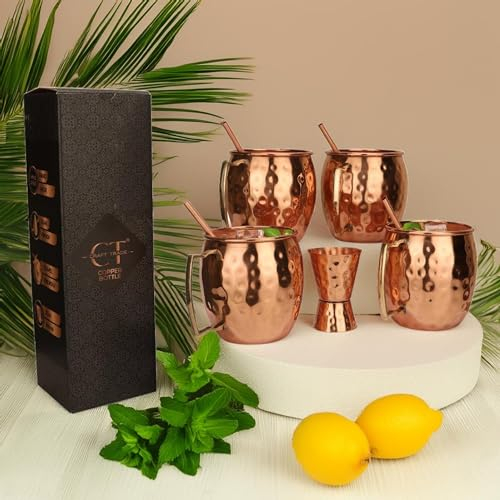 Craft Trade Pure Copper Moscow 4 Mule Mugs with 4 Straw and 1 Glass Hammered Great Dining Entertaining Bar Gift for Living Room (Natural Copper, Set of 4)