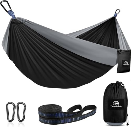 TravelHawk Reisehängematte für 2 Persons Schwarz - Hängematte aus Fallschirmstoff 225KG belastbar Hammock mit Tragetasche für Balkon, Terrasse, Garten, Camping, Travel - 305 x 200 cm