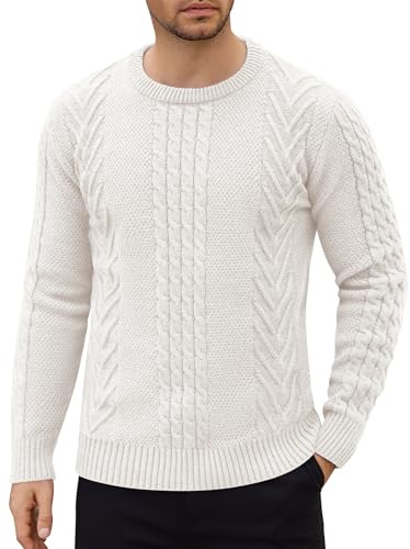 COOFANDY Hommes Pull à Col Rond et Manches Longues Basic Pull Tricoté en Câbles Hiver Decontracté Sweater Blanc M