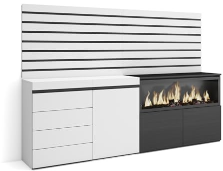 Skraut Home | Sideboard, Kommode | Aufbewahrungsschrank | 214x145x35 cm | Für Schlafzimmer, Zimmer | Elektrokamin XXL | Kommode mit Schubladen | Moderner Stil | Weiß