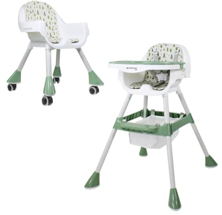 Mobiclinic® kids, Evolutionärer hochstuhl, 2 in 1, Höhenverstellbar, Doppeltablett, 6 monate–6 jahre, Forest, 5-punkt-sicherheitsgurt, Abnehmbare räder, Bis zu 35 kg, Aufbewahrungskorb,