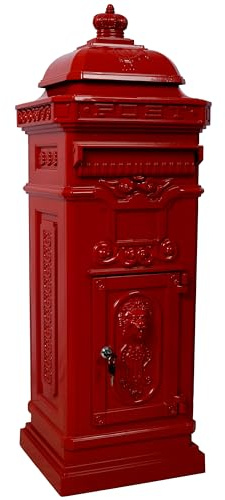 Dithoko Vintage Large-Capacity Cast Aluminum Mailbox, Outdoor Weatherproof Floor Standing Postbox, Decorative Copper Finish Letter Box with Lock, Roman Column Design for Home Use (Red)