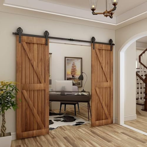 12.6FT/386CM Sliding Barn Door Hardware Track Kit for Double Doors Less 96cm Wide Spoke Wheel J Hangers Heavy Duty Industrial Design Smooth and Quiet Operation