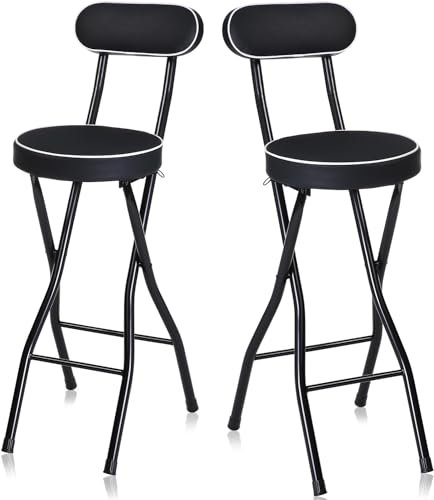 Sgabello pieghevole portatile con schienale, set di 2 sgabelli da bar neri 65,6 cm altezza da bancone pieghevoli per adulti sedie alte imbottite per cucina, giardino, campeggio.