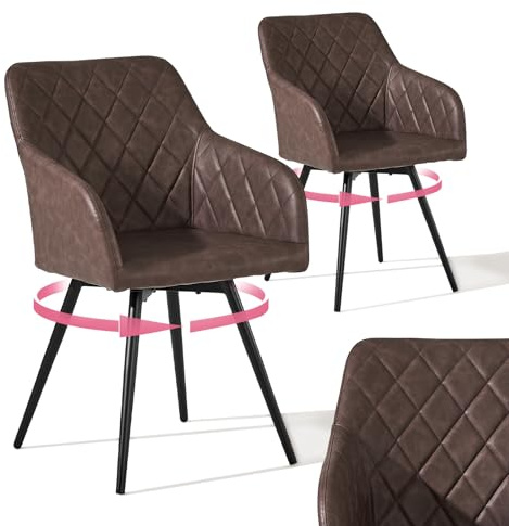 CLIPOP Esszimmerstühle Drehbar 2er Set mit Armlehne, Kunstlelder Polsterstuhl Gepolstert Sitz Küchenstuhl Drehstuhl Armlehnenstuhl für Esszimmer Wohnzimmer Büro (Kunstleder Braun, 2er Set)