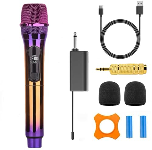 Handheld Wireless Microphone, Rechargeable UHF Microphone, Handheld Dynamic Wireless Mic for Large Stage Singing Karaoke Wedding DJ Party Speech Church Class Use PA System (Purple)