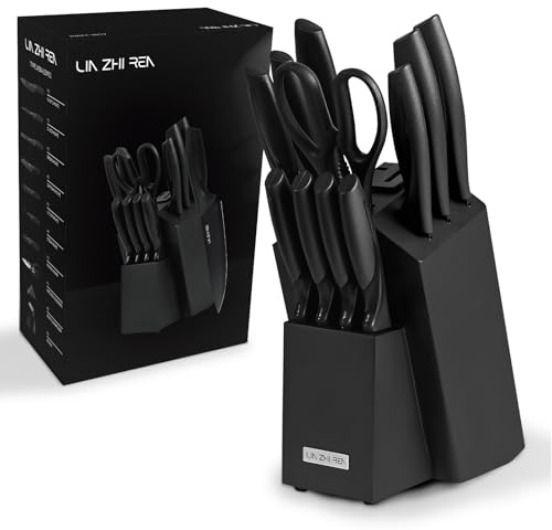 LIN ZHI REN Ensemble de Couteaux de Cuisine 13 Pièces avec Bloc et Aiguiseur Intégré, Couteaux de Chef Professionnels, Manche Ergonomique, Acier Inoxydable, Lavable au Lave-Vaisselle, Couleur Noire