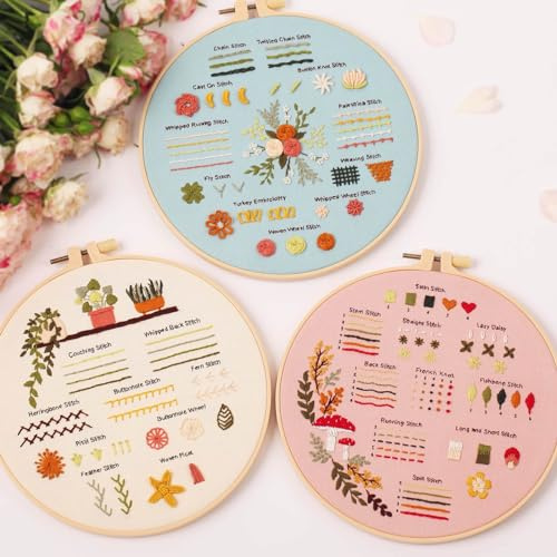 YAYANGATMG 3 Sets Embroidery Kit for Beginners Adults for Craft Lover with Various Different Stitches, Embroidery Skill Practice Kit Include Embroidery Fabric-3 Color