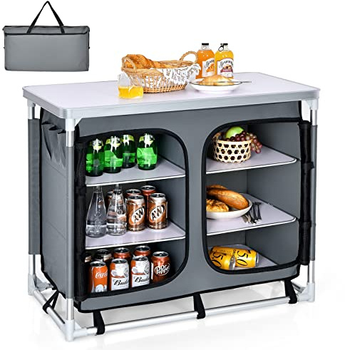 COSTWAY Meuble Camping Pliable, 6 Compartiments et 3 Etagères Cadre en Aluminium avec Sac à Fermeture Cuisine de Camping pour Barbecue, Les Pique-Niques 96x49x80 cm (Gris)