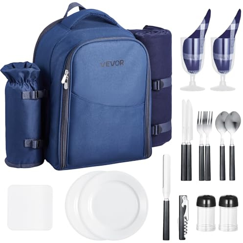 VEVOR Zaino da Picnic per 2 Persone, Capacità di 20 L Borsa da Picnic da Spiaggia con Portabottiglie Vino Staccabile, Coperta Leggera, Piatti e Posate per Escursionismo, Campeggio, Blu Marino