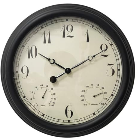 Grande horloge murale d'extérieur avec thermomètre et hygromètre, conçue pour une utilisation durable
