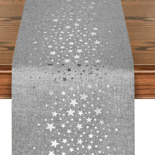 275 x 28 cm Weihnachten Tischläufer Sterne Läufer Weihnachts Tischdeko Tischdecke Dekoration Tischband für Winter Weihnachtstischläufer Weihnachtsdeko (Dunkelgrau mit silbernen Sternen)