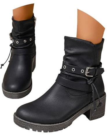 Stivali Stivaletti Biker Motociclista Da Donna - Corti Casual Occidentali Ghetta Cownboy Texani Primaverili Estivi Plateau Boots Con Tacco Alto Largo Polpaccio Spesso