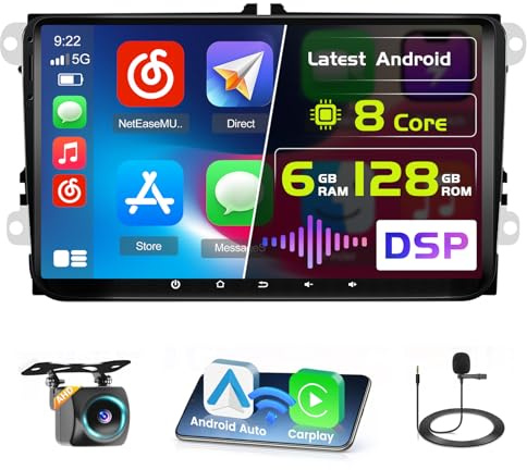 Hikity 8 Núcleos 6G+128G Radio Coche VW Golf 9 CarPlay BT | DSP. También para VW Golf 5/6/Tiguan/Caddy/Polo/Touran. Android Auto Inalámbrico. GPS. SWC. WiFi. FM/RDS. 59UI. Cámara+MIC