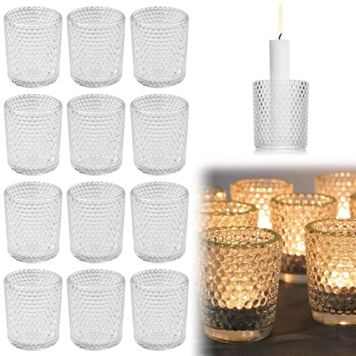 12 Stück Teelichtgläser Vintage - Teelicht Gläser, Teelichthalter Glas mit Prägung, Verwendung für Heimdekoration, Tischdekoration, Kerzenbecher Hochzeiten, Halloween, Weihnachten und Geburtstage