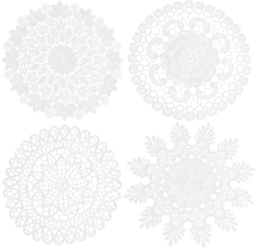 CABODYALS 4 Mantel Individual de Encaje Redondo Blanco de 4 Estilos, Estilo Vintage, de Ganchillo, con Estampado de Flores, de Poliéster, Rústico, para Decoración de Mesa, para Cocina, Comedor, Boda,