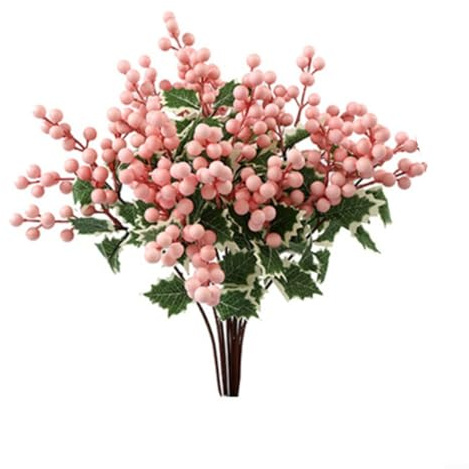 8 rami artificiali di bacche di agrifoglio con foglie verdi, realistici bacche rosse, rosa chiaro, 45 cm, per decorazioni festive, casa, ufficio, matrimoni, decorazioni e composizioni (rosa)