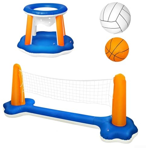 Niceminiwall Tragbares aufblasbares Poolspiel-Set mit Basketballkorb und Volleyballnetz, PVC-Wasserspielzeug für Kinder und Erwachsene, zum einfachen Aufblasen / Ablassen der Luft für