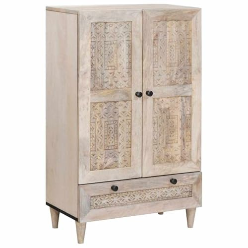 Zeehear Planche haute avec étagère, blanc, 60 x 33 x 100 cm, en bois de manguier massif, surface structurée, espace de rangement durable pour salon, armoire polyvalente, design moderne