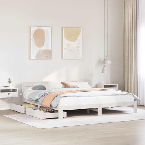QZZCED Bett aus massivem Kiefernholz mit Lattenrost und Kopfteil, stabile Struktur mit Schublade und Rollen für Unterstützung und Organisation