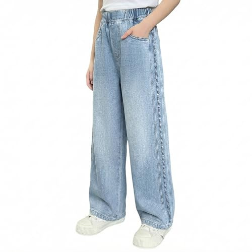 Keyck Jeans Filles Baggy Pantalon Jambes Larges Long Denim Pants 7-15 Ans | avec Taille Élastique, Loose Fit, Pantalon avec Poches, Stretch Décontracté Pants, Casual Streetwear Pant pour Enfants Ado