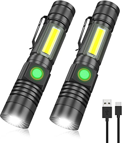 Vnina Rechargeable Tactical Flashlight, USB Magnetic Flashlights with COB Flash Light - 4 Models, Zoomable, Waterproof, LED Tactical Flashlight High Lumen Bright for Indoor Outdoor Camping 2 Pack
