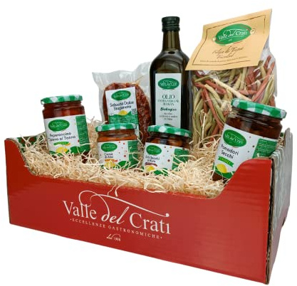 Valle del Crati Cesto Regalo di Pasqua con 7 Prodotti Artigianali | Cesto Pasquale con Salsiccia, Olio Biologico, Fichi al Rum, Pasta, Creme e Sottoli | Cestino di Pasqua